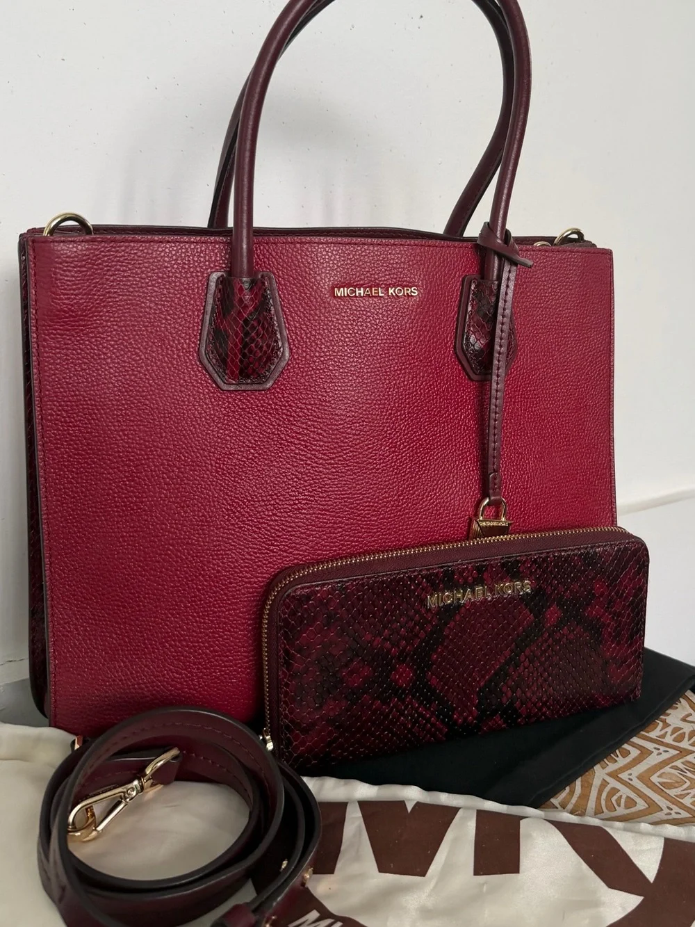 Well loved Michael Kors Burgundy Leather Tote with Snake-Print Wallet